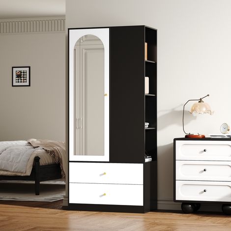 Armadio guardaroba design 180 cm, bianco e nero con specchio, 2 cassetti e 4 scomparti, sistema soft-close, larghezza 80 cm per camera da letto (1/5)