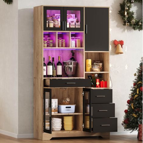 Credenza da cucina 100x40x185 cm nero e naturale in MDF con LED, presa integrata e ripiani regolabili (1/5)