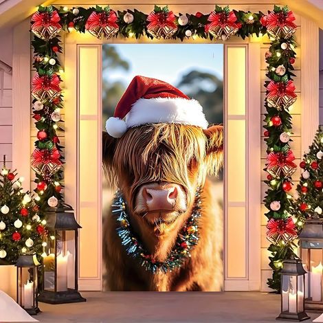 Rideau de porte de Noël 2026, bannière extérieure avec fond photo Père Noël et chien, tissu à suspendre - 90 x 180 cm (rainure + ruban) - 18