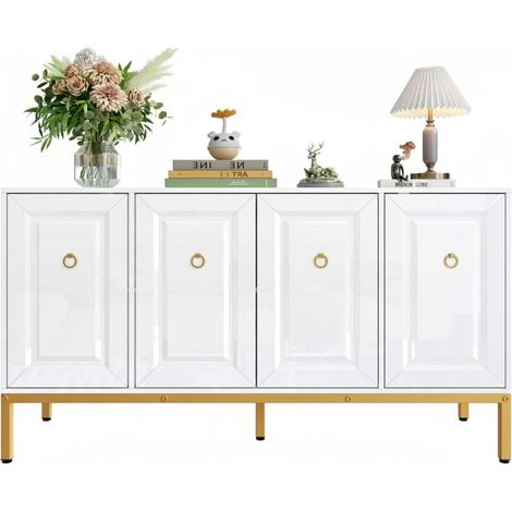 Buffet Blanc Brillant 140cm avec Pieds Dorés, Meuble Rangement Design Étagères Ajustables