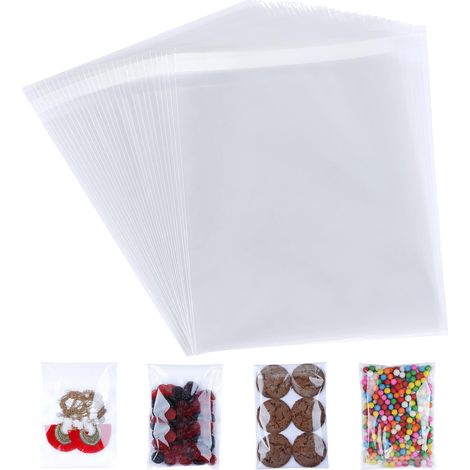 LYERCW - Sachets transparents en cellophane, lot de 100 (12 x 17 cm) - Petits sachets transparents autocollants, parfaits pour les biscuits, les bonbons, les cadeaux, les bijoux, etc. (1/3)