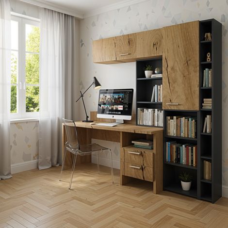 Angolo studio multifunzionale con libreria a profondità variabile e cassettiera integrata - Quercia e basalto