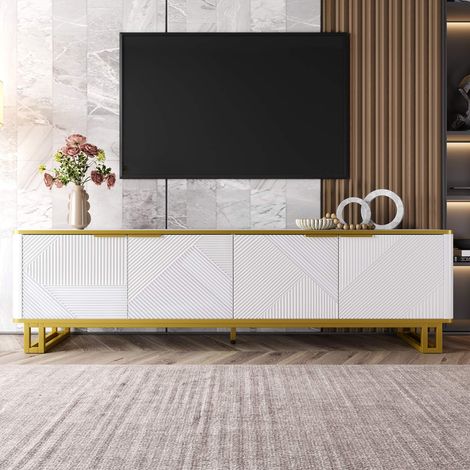 Meuble TV 160 cm blanc à 4 portes texturées, relief géométrique, détails dorés, rangements, passe-câbles, pieds métal (1/5)