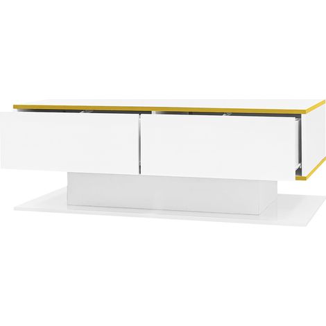 Table basse moderne blanche brillante 100x50x40 cm avec LED multicolore, 3 tiroirs et décoration dorée (1/5)
