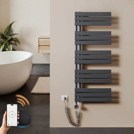 Sèche-serviette électrique 800 W, 1320 x 500 mm, thermostat WiFi, programmable, radiateur salle de bain anthracite – S'AFIELINA