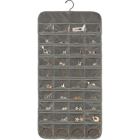 Roulette de rangement suspendue pour bijoux avec crochets métalliques, support double face pour boucles d'oreilles, colliers et bagues, à fixer dans un placard, au mur ou sur une porte.