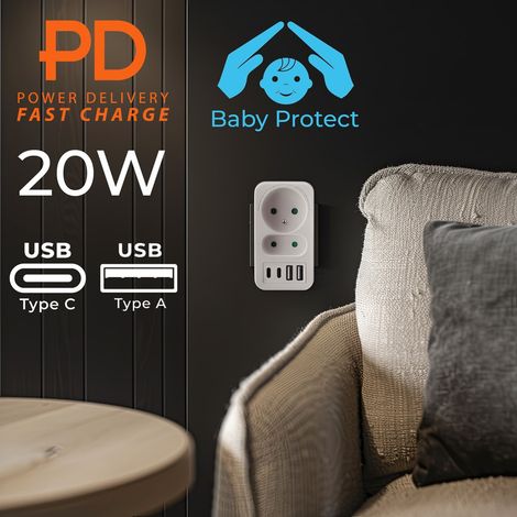 Répartiteur Maclean avec 2 prises (2 x USB A, 2 x USB C PD 20 W, 1 x 16 A + 1 x 6 A). MCE249 F/W (1/5)