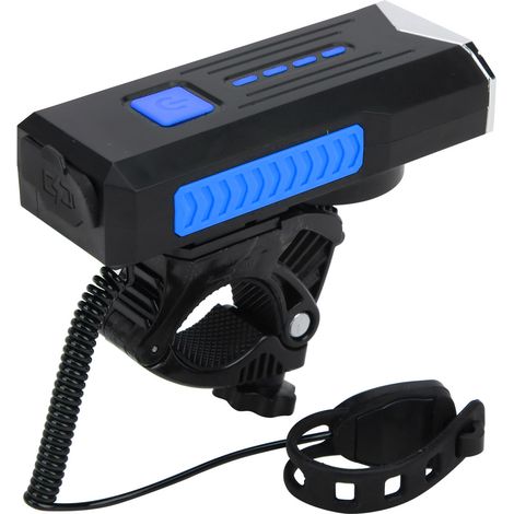 Éclairage avant de vélo, lampe torche étanche avec avertisseur sonore et feu de signalisation, rechargeable par USB, bleu (1/5)