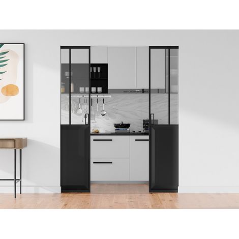 Porte coulissante double atelier avec système à galandage - Noir et verre trempé - 2 x H205 x L93 cm - ARTISTO II (1/4)