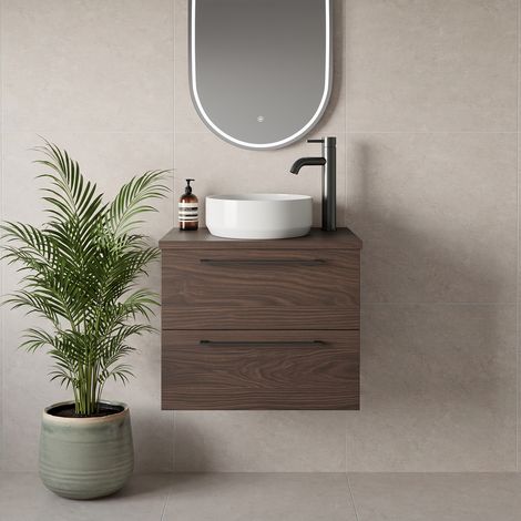 Napoli 390 Brown Oak 600mm Wall Mounted 2 Drawer Vanity Unit for Countertop Basins - 600mm - Gunmetal Grey 320mm Handle