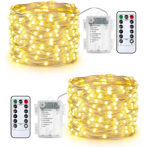 Batteriebetriebene Lichterkette für den Außenbereich – 2er-Pack, 100 LED-Mikrolichter, silberner Draht, wasserdicht, 10 m, warmweiße Lichterkette mit Fernbedienung für drinnen und draußen, Garten, Hoc (1/5)