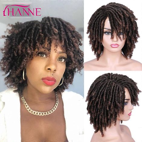 Perruque courte HANNE Dreadlocks noire/brune/rouge, synthétique douce, style tresses crochet, pour femmes et hommes noirs