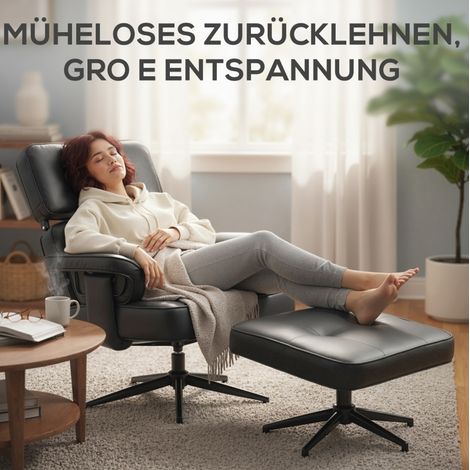 Fauteuil relax avec repose-pieds, simili cuir, appui-tête réglable, base métal, noir REDOM (1/5)