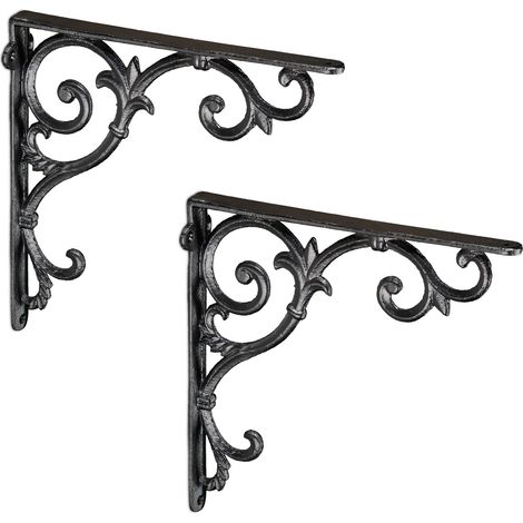 Relaxdays Set of 2 Shelf Brackets, Cast Iron, Rack Support, Vintage Motif, 24.5 x 4 x 24.5 cm, Angle for Shelves, Black