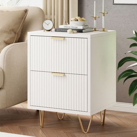 Nachttische - Set mit 2 - Wellenförmiges Design - 2 Schubladen - Metallfüße - Weiß 40x40x55 cm