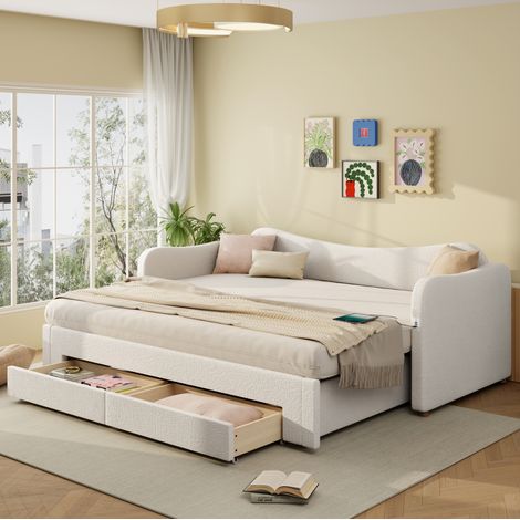 Cama tapizada Beige Bouclé 90x200 cm extensible a 180x200 cm con cajones, USB y cabecero (1/5)