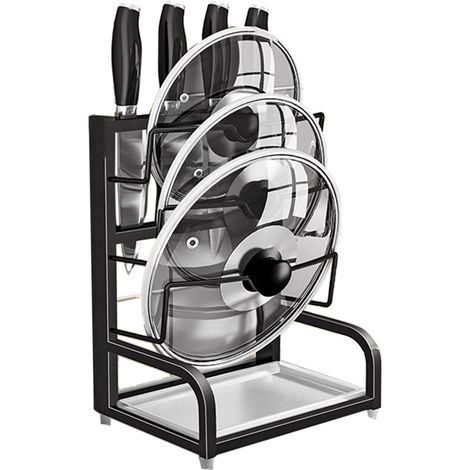 2-in-1 Deckelhalter mit Messerhalter aus Edelstahl 304, multifunktionaler schwarzer Küchenorganizer, 1 Messerschlitz (1/2)