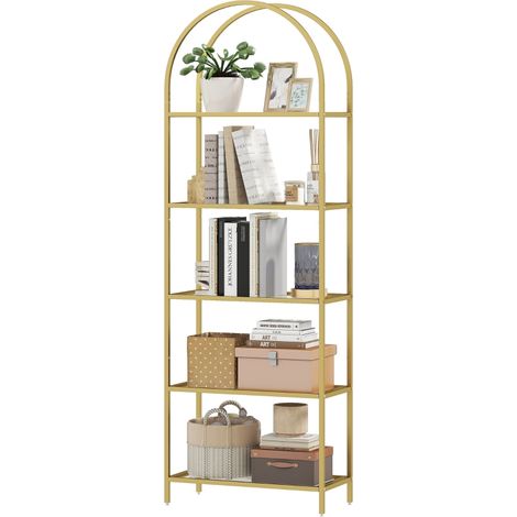 Bibliothèque étagère de rangement arquée à 5 niveaux en verre pour salon bureau et chambre 60 x 30 x 175 cm doré (1/4)