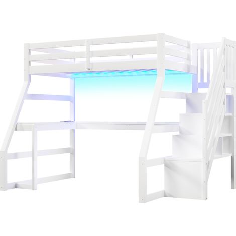 Cama alta 90 x 200 cm con escritorio en L, luz LED, puerto USB y escalera con almacenaje blanca (1/5)