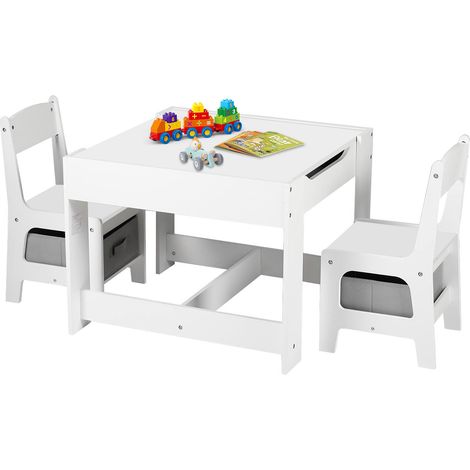 Ensemble Table et Chaises pour Enfants, avec 2 Boîtes de Rangement, Table Double Face, Plateau amovible, pour Manger, Etudier, Jouer - Blanc