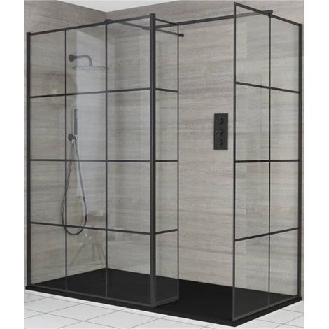 Milano Barq Black Corner Walk In Wet Room Shower Enclosure with Grid Pattern Screens  Hinged Return Panel  Support Arms and Graphite Slate Effect Tray - 1200mm x 900mm (1/5)