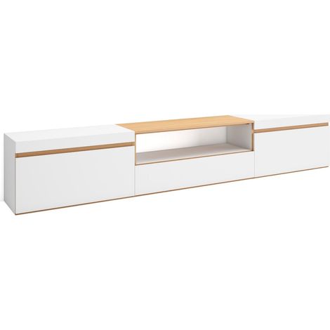 Skraut Home - Meuble TV, Banc Télé, Grand espace de Rangement, 260x35x45cm, TV grand format, Meubles de salon, Style moderne, Blanc et Chêne Soft (1/5)