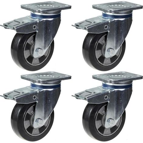 Roulettes - PARNELLS - Set of 4 - 152mm - Black Rubber - Swivel with Brake