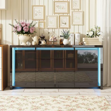Sideboard mit 4 Türen, 1 großen Schublade, einstellbarer LED-Beleuchtung, Hochglanzlackierung, 160x35x75 cm – Küchen-Sideboard – Schwarz