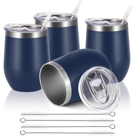 Verres à vin sans pied en acier inoxydable 4 pièces avec couvercle, isolés, incassables, 350ml, bleu marine (1/5)
