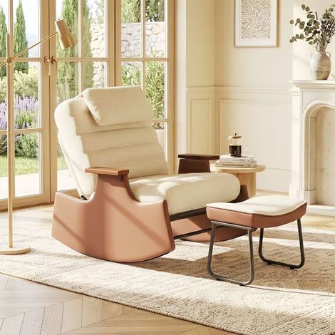 Sedia a dondolo e da allattamento con pouf poggiapiedi - Tessuto bouclé beige - Design scandinavo - Schienale regolabile e poggiatesta - 51.5x61.5x81 cm