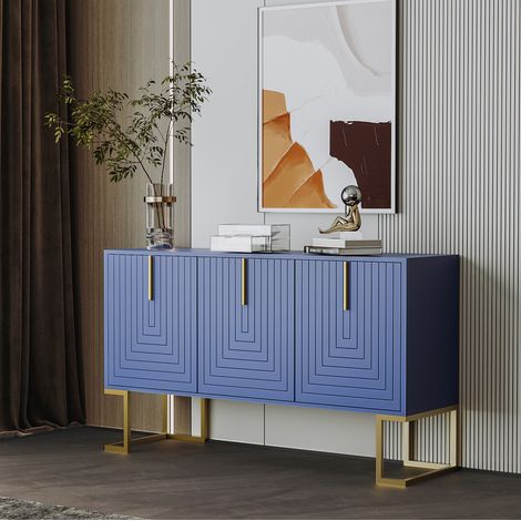 Buffet 3 portes bleu marine en MDF avec étagères réglables et poignées dorées (1/5)