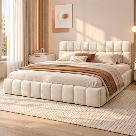 Letto matrimoniale 160x200 cm giroletto imbottito con morbido schienale, Testiera soffice con rete a doghe, tessuto in lino, Beige (1/5)