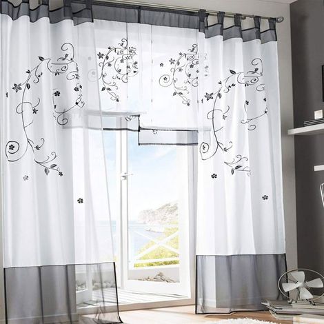 Rideaux Voilages Floral Voile Broderie a Pattes Panneaux de Fenêtres pour Chambre Salon Décoration 2 Panneaux, Gris140cm x H225cm (1/5)