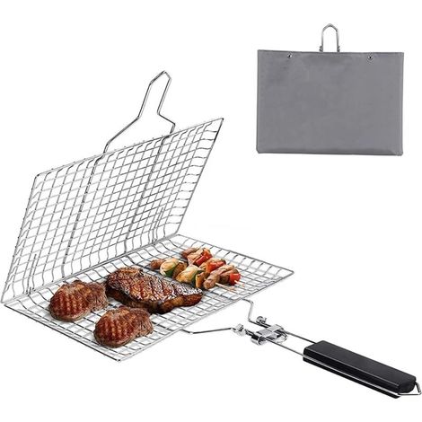 Panier à griller en acier inoxydable, panier à griller pliable en acier inoxydable avec poignée amovible pour poisson, steak, crevettes (1/5)