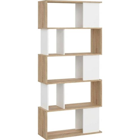 Libreria Moderna a Giorno Con Design Geometrico Asimmetrico Libreria Salvaspazio Silkeborg Ideale Per Soggiorno Studio E Ufficio 80 x 29.5 x 173.5 cm Rovere e Bianco (1/5)
