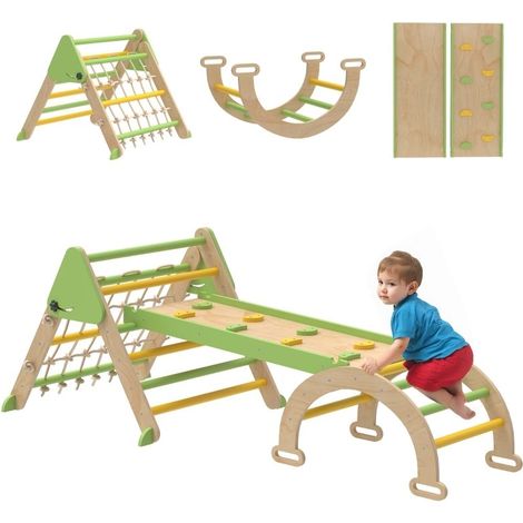 Structure d'escalade Montessori 8-en-1 en bois couleur verte : triangle et arche d'escalade associés à un toboggan double face, pour intérieur