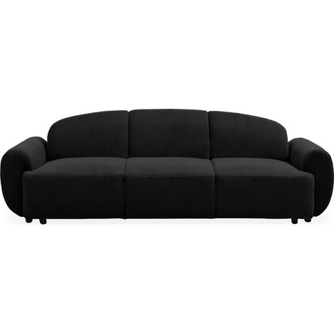 Cotecosy – Canapé 3 places convertible velours côtelé noir – Dossier et accoudoirs arrondis – Dimensions L234 x P88 x H75 cm – Couchage L188 x P112 cm