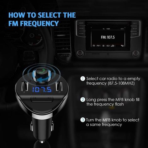 Transmetteur FM Bluetooth, Voiture Adaptateur d'autoradio, Kit Main Libre Voiture, Lecteur MP3 avec Micro, Sans Fil Chargeur Voiture avec 2 USB Port 5V/2.1A et 1A, Appel Main Libre (Noir) (1/4)