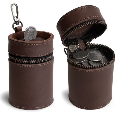 1 pièce : tirelire et porte-monnaie artisanal pour voiture, pochette à fermeture éclair avec tirelire pour porte-gobelet de voiture, couleur marron café (1/5)