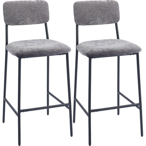 Pack de 2 taburetes altos de bar grises con respaldo, reposapiés, tela y acero (1/5)