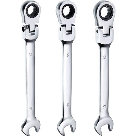 Lot de 3 clés mixtes à cliquet à tête flexible (10/11/12 mm) — Tête rotative à 180° — 72 dents — Acier Chrome-Vanadium — Pour écrous et boulons