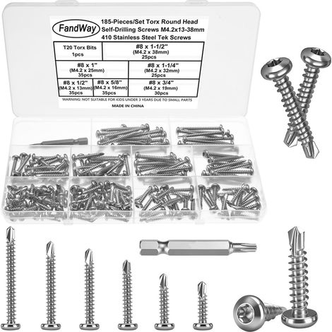185 Pièces Vis Autoforeuse Metal,M4.2 Vis à Tôle Autotaraudeses et Autoperceuse Autoperforante Inox 410 Tête Bombée Ronde pour Aluminium Bois Tôle Plastique.Avec 1 TX20. (1/5)