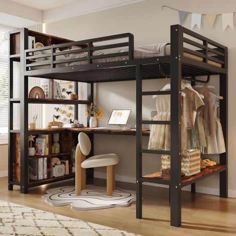 Lit mezzanine 90x200 cm noir en métal et MDF avec bureau, penderie et rangements (1/5)