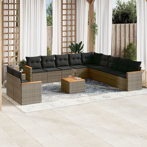 Ensemble de Salon de Jardin Salon Modulaire avec 1 Table & 12 Coussins 11 Places Résine Tressée Grise Jardin, Terrasse, Balcon (1/5)