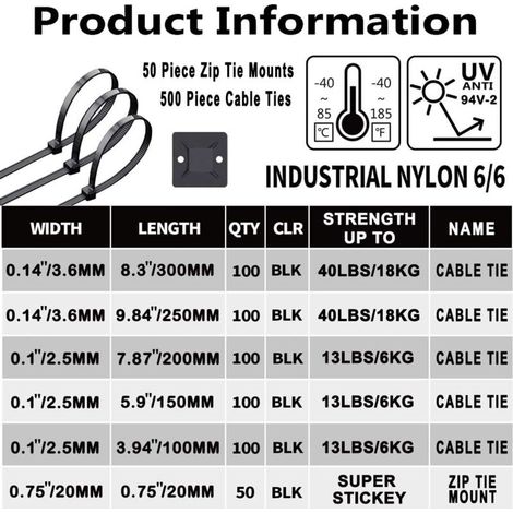 500 Pièce Attaches de Câble 100/150/200/250/300mm, Colliers Nylon de Serrage, Utilisé pour les fils intérieurs et extérieurs, les outils, la finition du jardin + 50 Pcs Embases Adhesive, Noir (1/4)