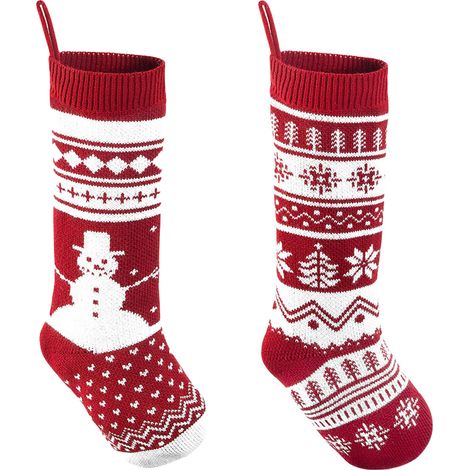 Chaussette De Noël - Tricotée - Motif Renne Bonhomme De Neige Arbre De Noël Flocon De Neige - Pour Décoration De Sapin Et Cheminée - Lot De 2 (1/5)