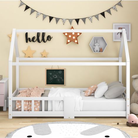 Lit cabane enfant 90x200 cm blanc en bois massif avec tableau et protection antichute (1/5)