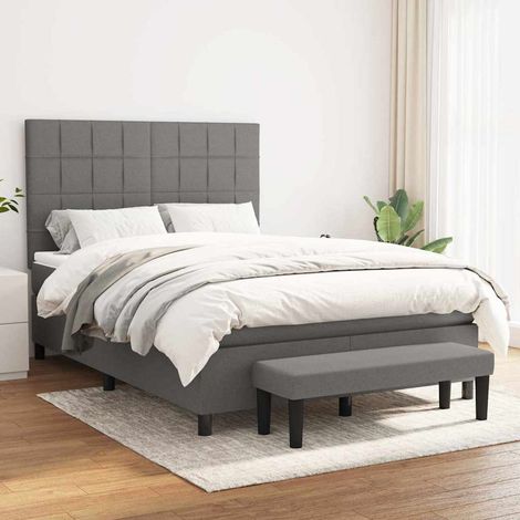 Lit avec Matelas 140x190 cm - Sommier à Lattes en Tissu Gris, Matelas à Ressorts Ensachés Moyen-Ferme, Tête de Lit Réglable + Banc (1/5)