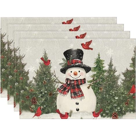 Lot de 4 sets de table de Noël, motif bonhomme de neige, oiseau, arbre, 30 x 40 cm, gris, saisonniers, festifs, pour décoration de fête, cuisine, salle à manger (1/5)