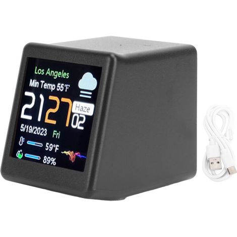 Intelligente Digitaluhr mit WLAN fürs Büro - LCD-Anzeige für Wetter, Temperatur und Kalender - Kompaktes schwarzes Modell (45x40x35mm)